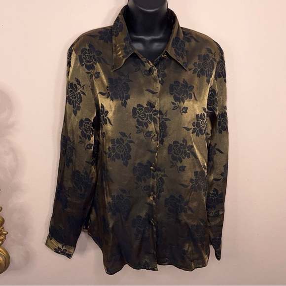 Vintage 90s Size 14 Christie And Jill Green Iridescent Floral Button Up Blouse - Picture 14 of 14